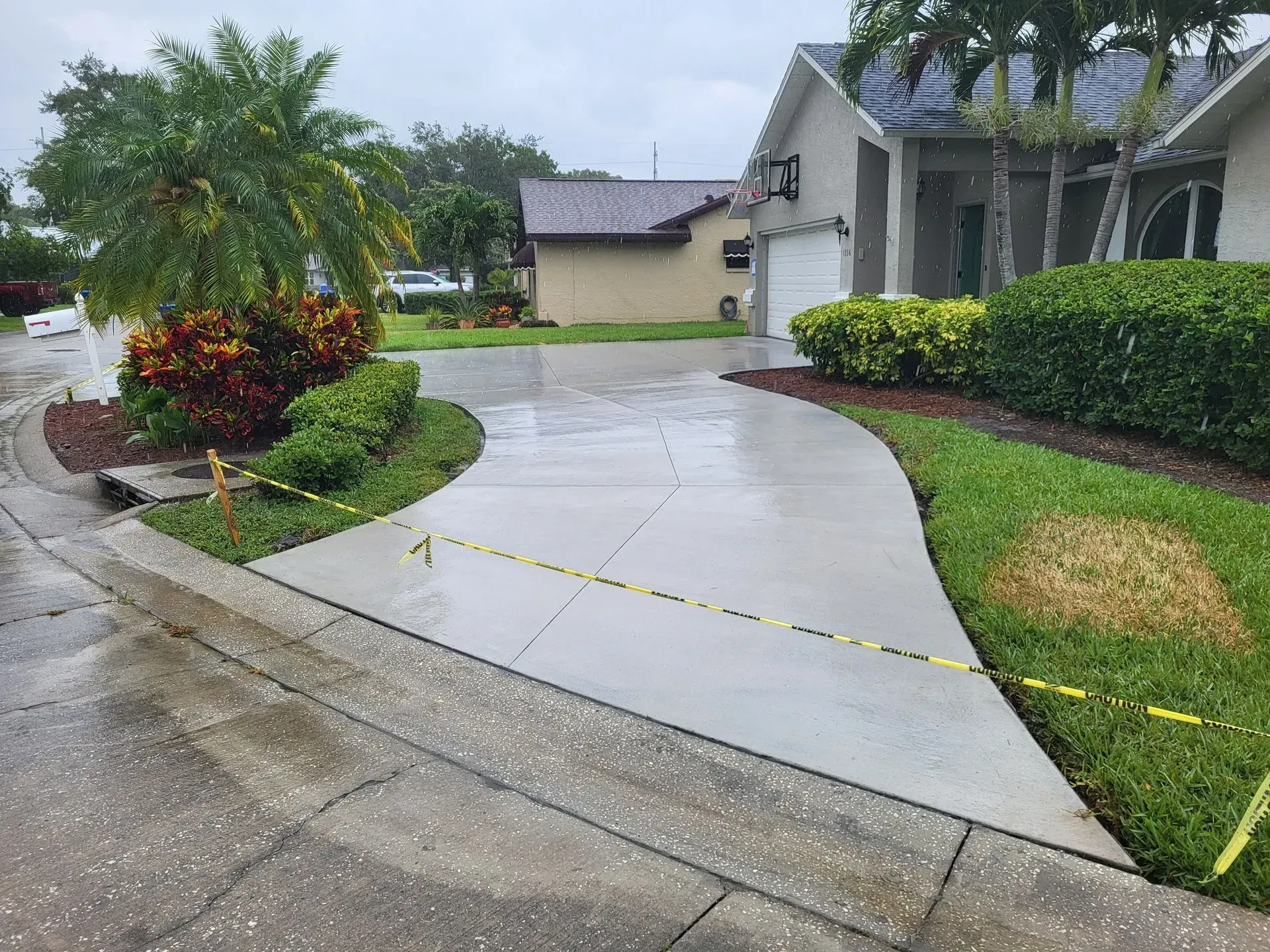 Rain-soaked suburban driveway and walkway beside a house, with trimmed hedges and palm landscaping.