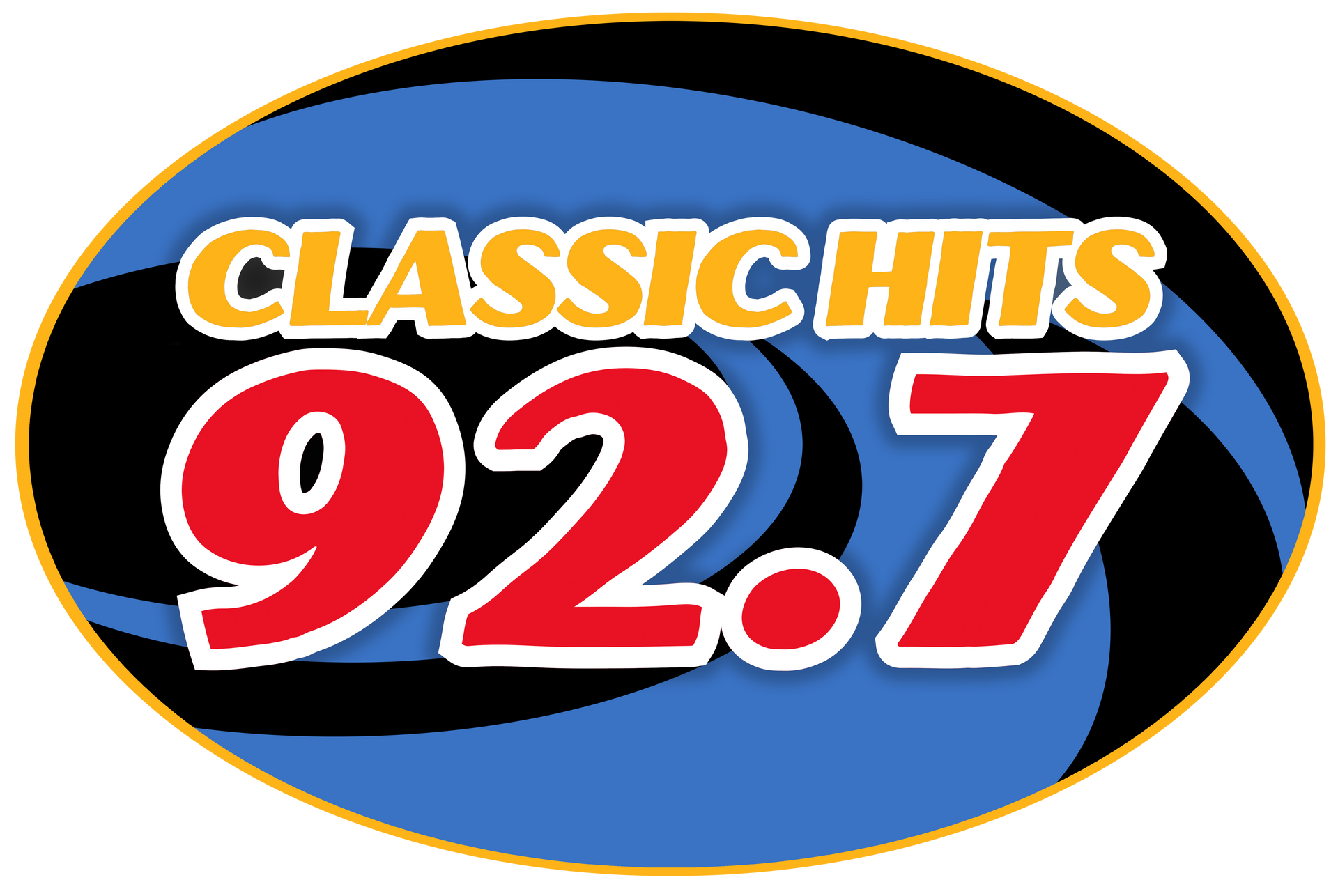 A logo for classic hits 92.7 on a blue background