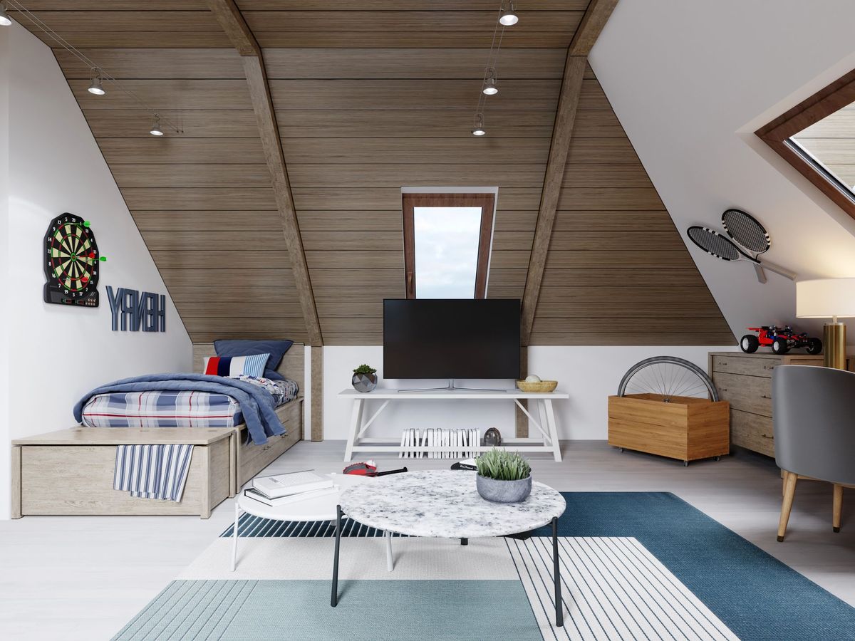 Camera da letto moderna con dettagli blu, scrivania, letto e tappeto decorativo.