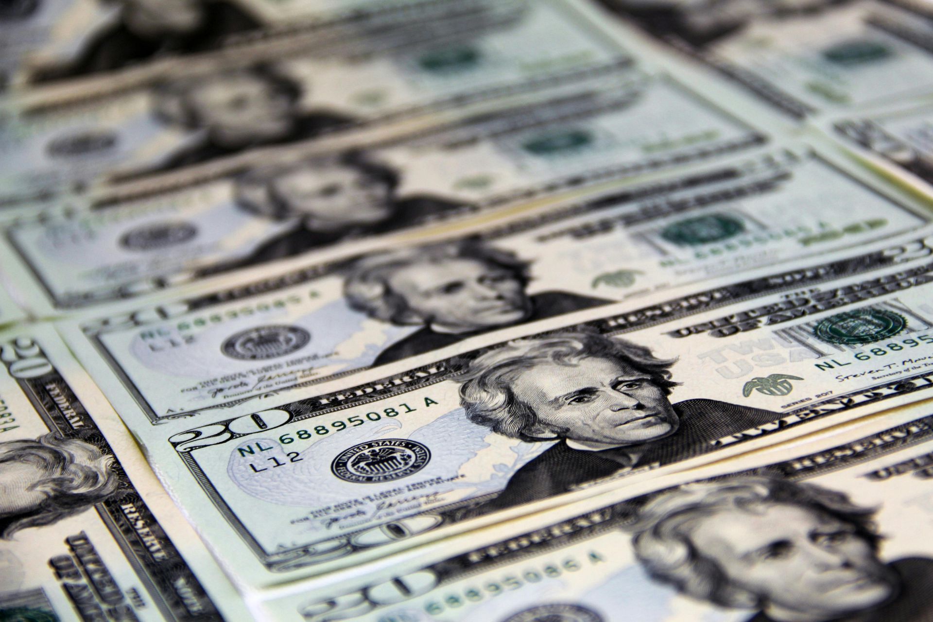 Rows of US twenty dollar bills.