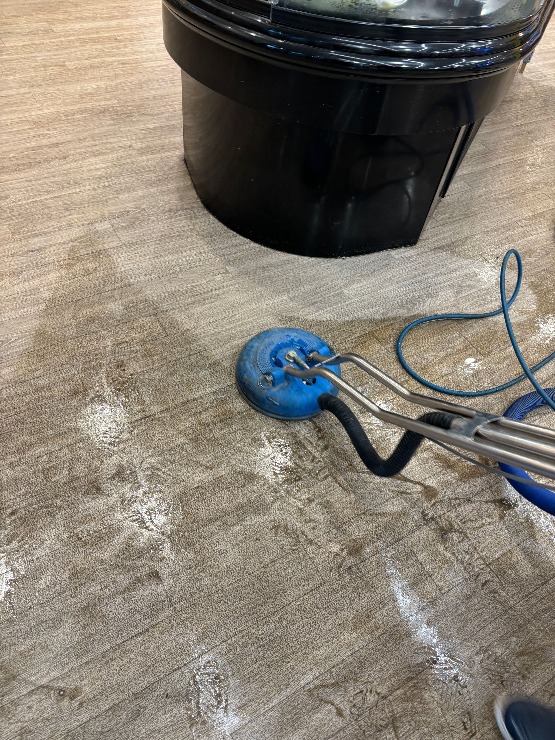 A person is cleaning a carpet with a vacuum cleaner.