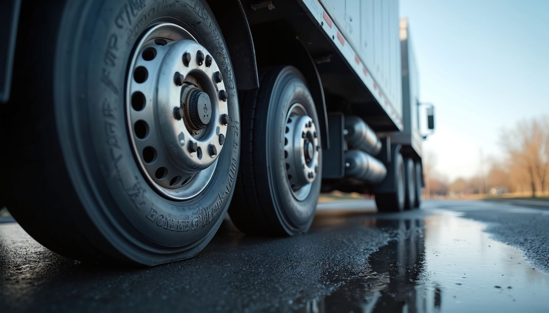 Truck tires rolling on wet asphalt.