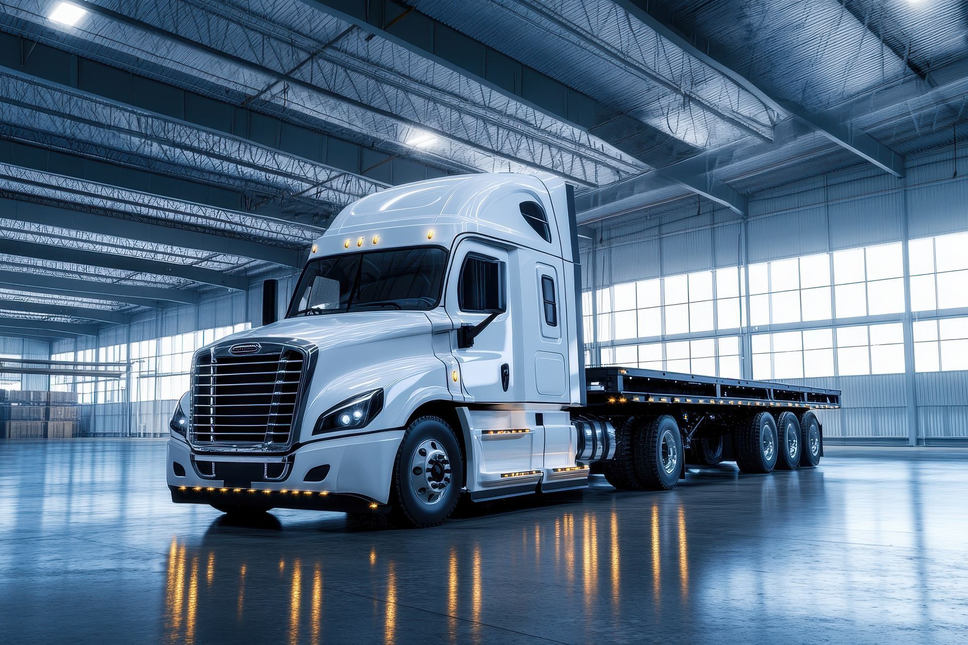 White semi-truck with a flatbed trailer in a warehouse.