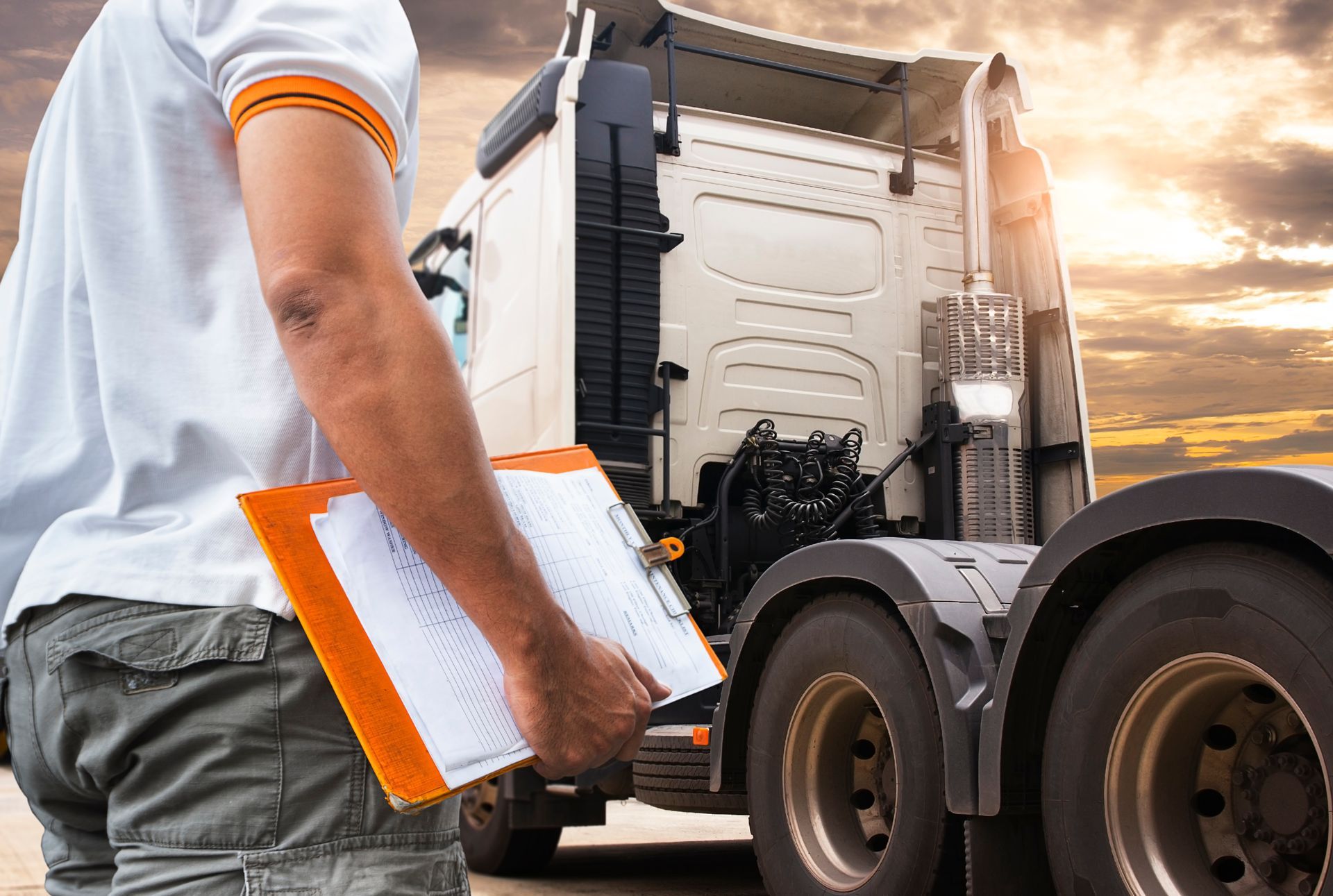 Man holding clipboard, inspecting semi-truck. Sunlight in the background.