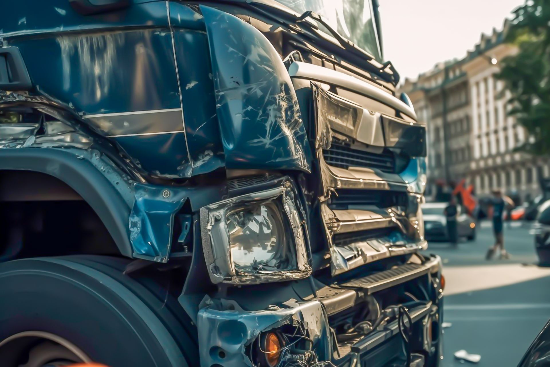 Damaged blue truck in a city street after a collision; headlight broken, debris scattered.