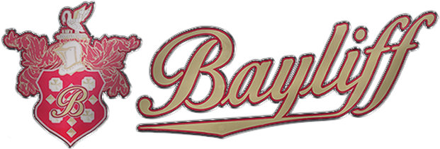 Logo with a shield and "Bayliff" in cursive font. The shield is red with a "B" and white dots.