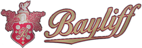 Logo with a shield and "Bayliff" in cursive font. The shield is red with a "B" and white dots.