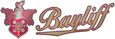 Logo with a shield and "Bayliff" in cursive font. The shield is red with a "B" and white dots.