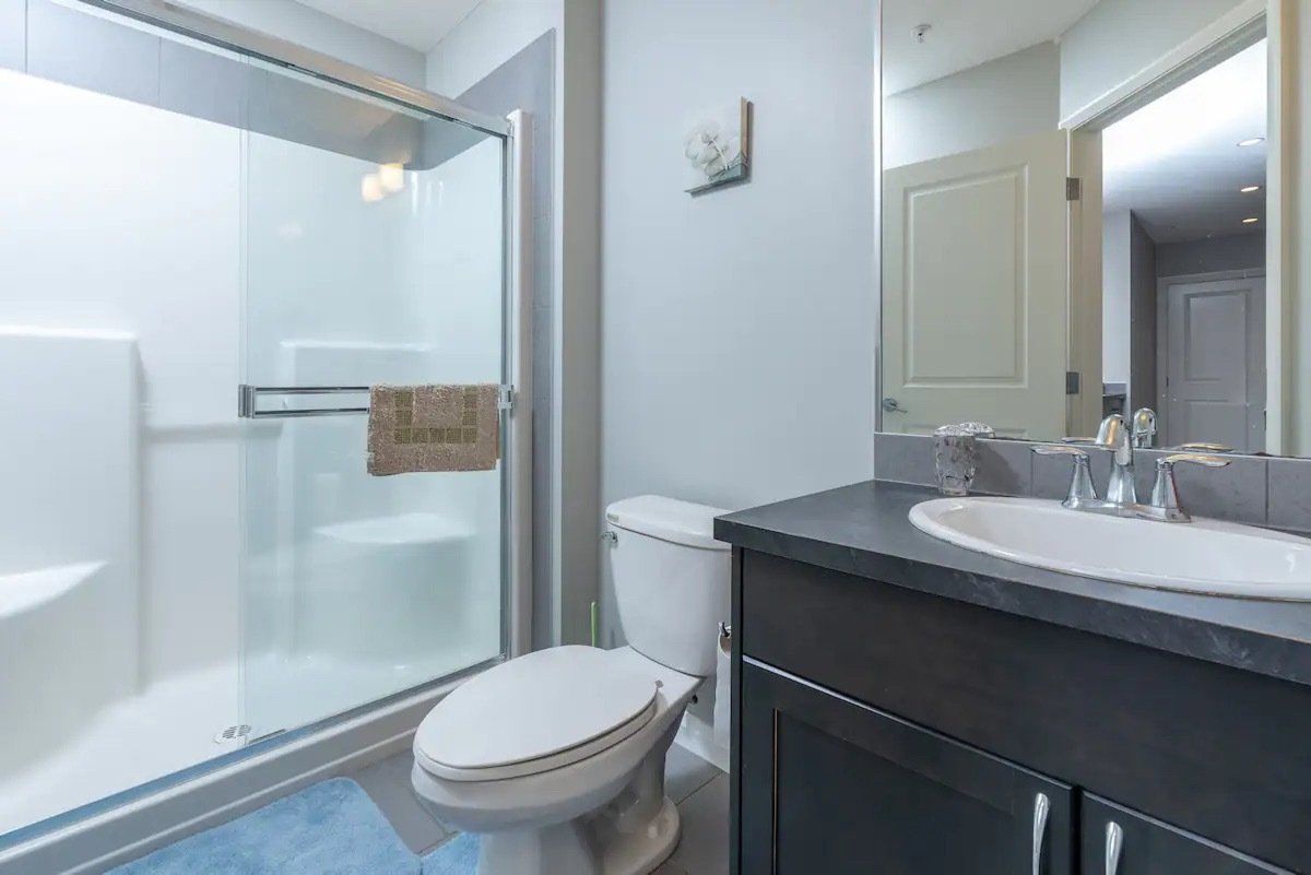 Bathroom with glass shower, toilet, dark gray vanity, and light blue rug.