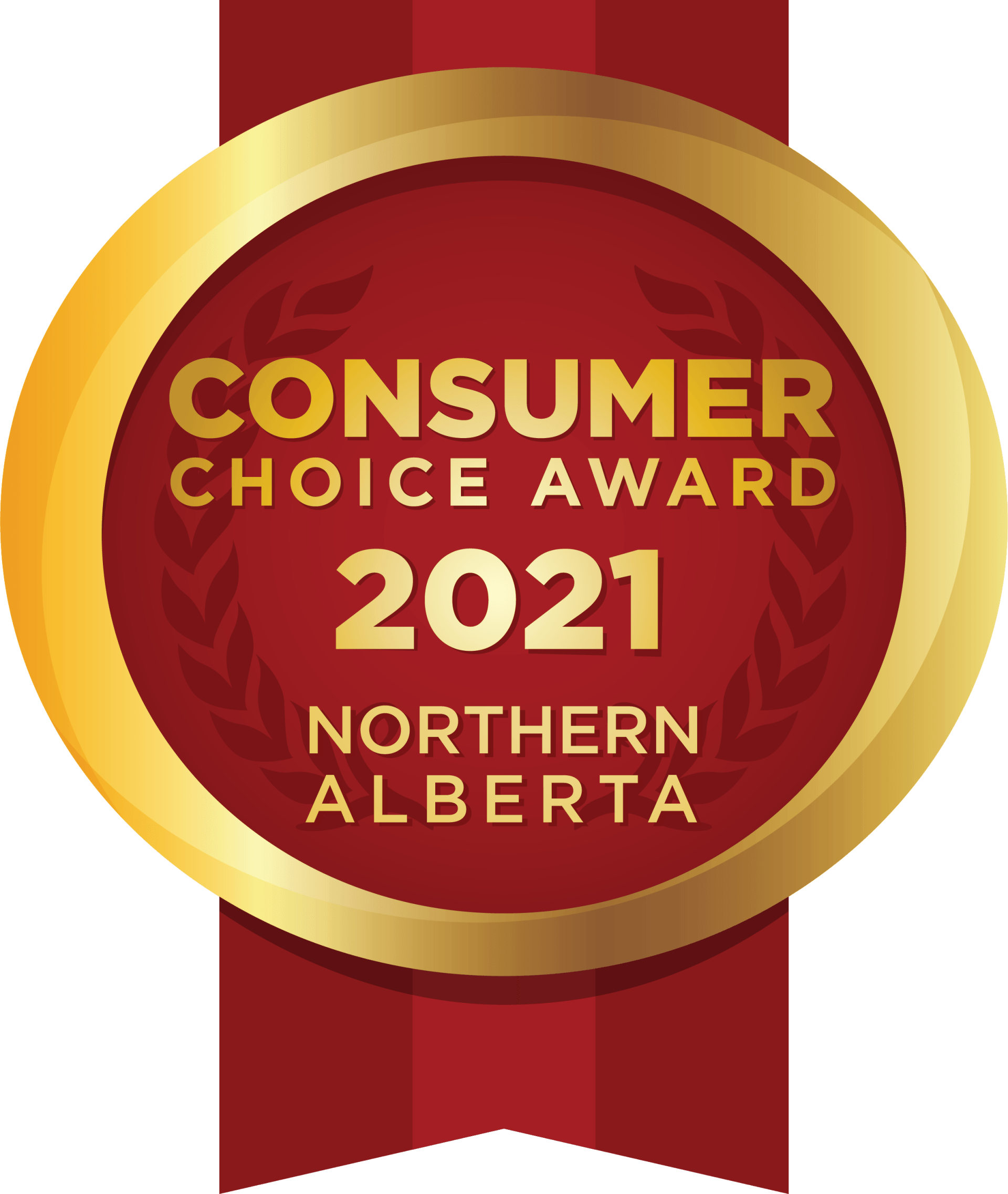 Consumer Choice Award 2021, Northern Alberta. Red and gold badge with text and laurel wreath.