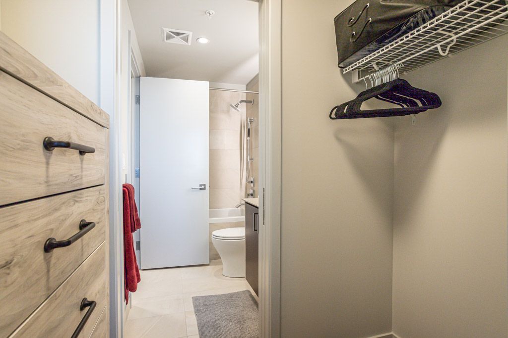 Interior hallway with a dresser, bathroom, and closet.