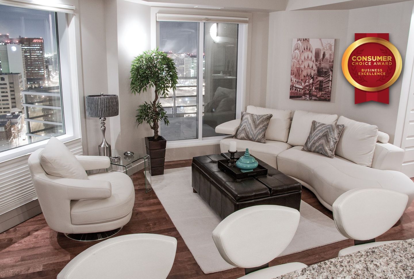 Luxurious Living room with a large sectional couch of a furnished apartment in Edmonton