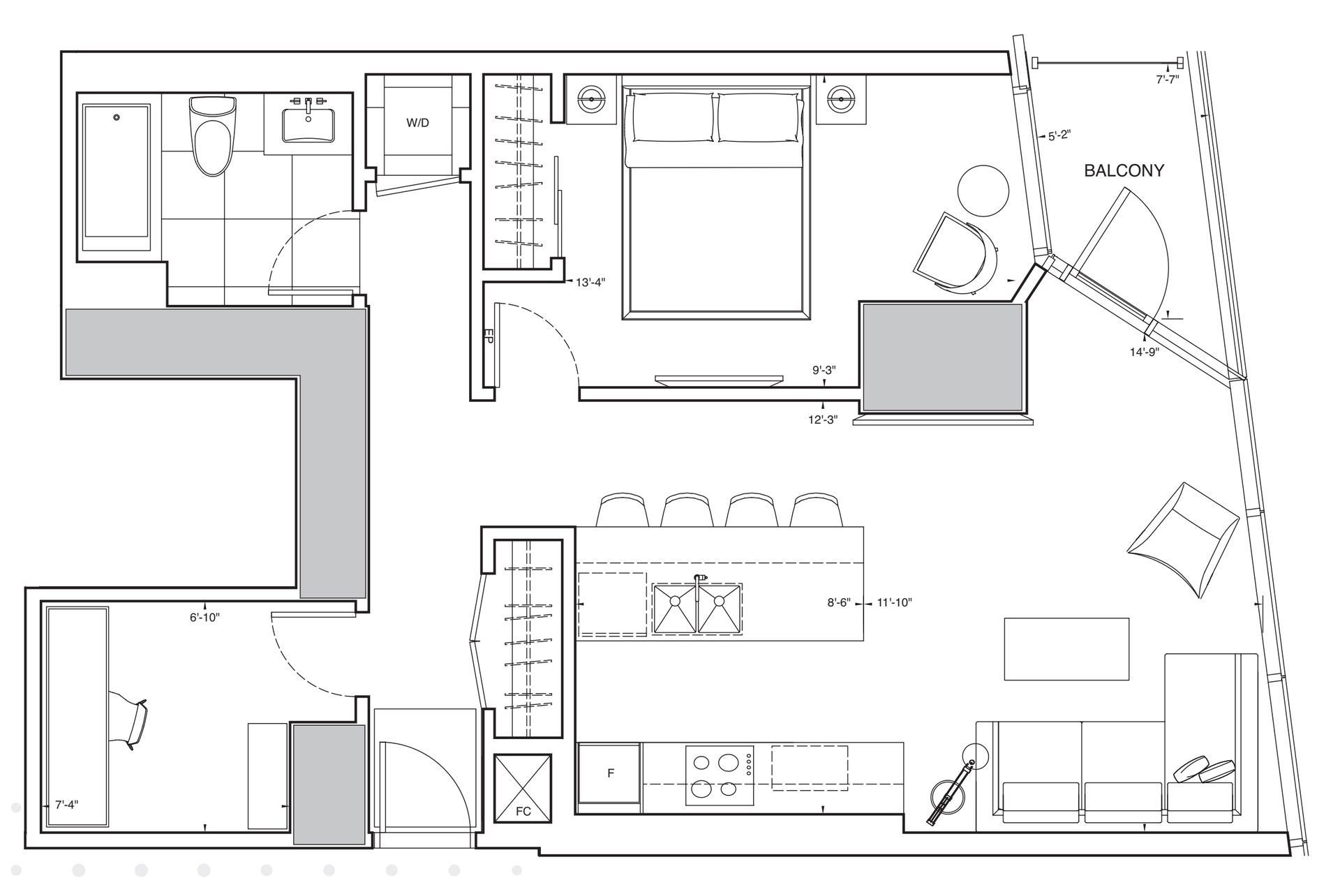 Floor plan of an apartment, featuring a bathroom, bedroom, kitchen, and living space with a balcony.