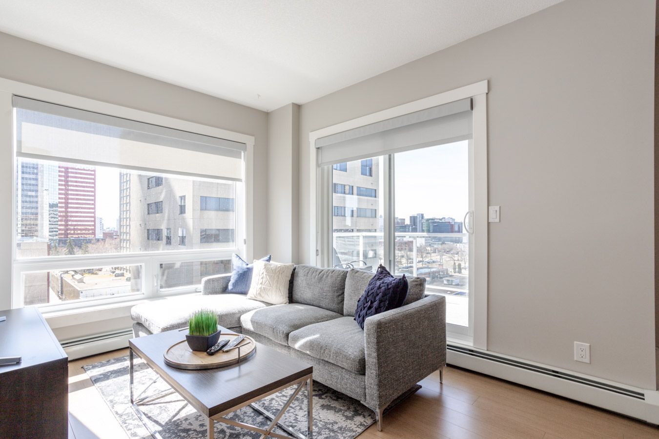 Gray sectional sofa in a sunlit living room with city views.