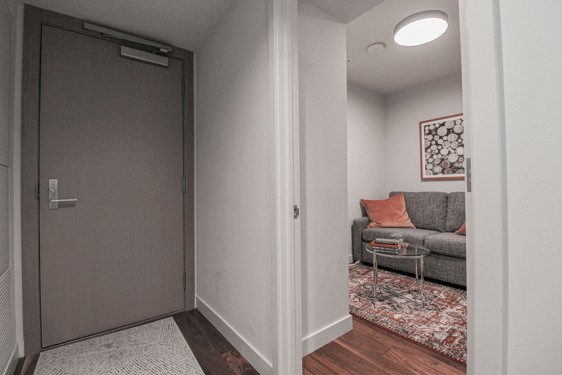 Hallway with a closed door on the left and a living area visible on the right.