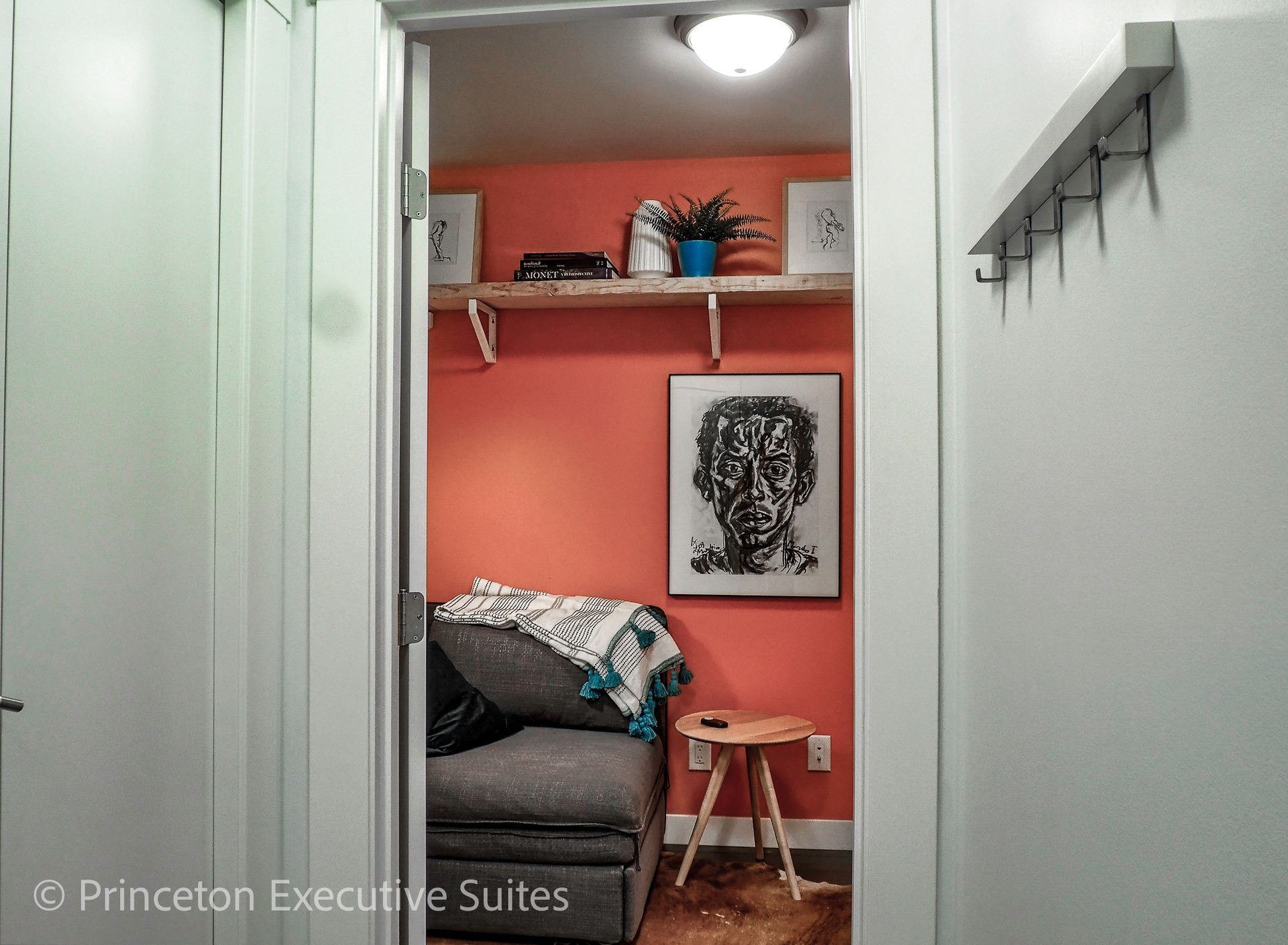 Narrow hallway with a coral-colored accent wall, small sofa, art, shelves, and light fixture.