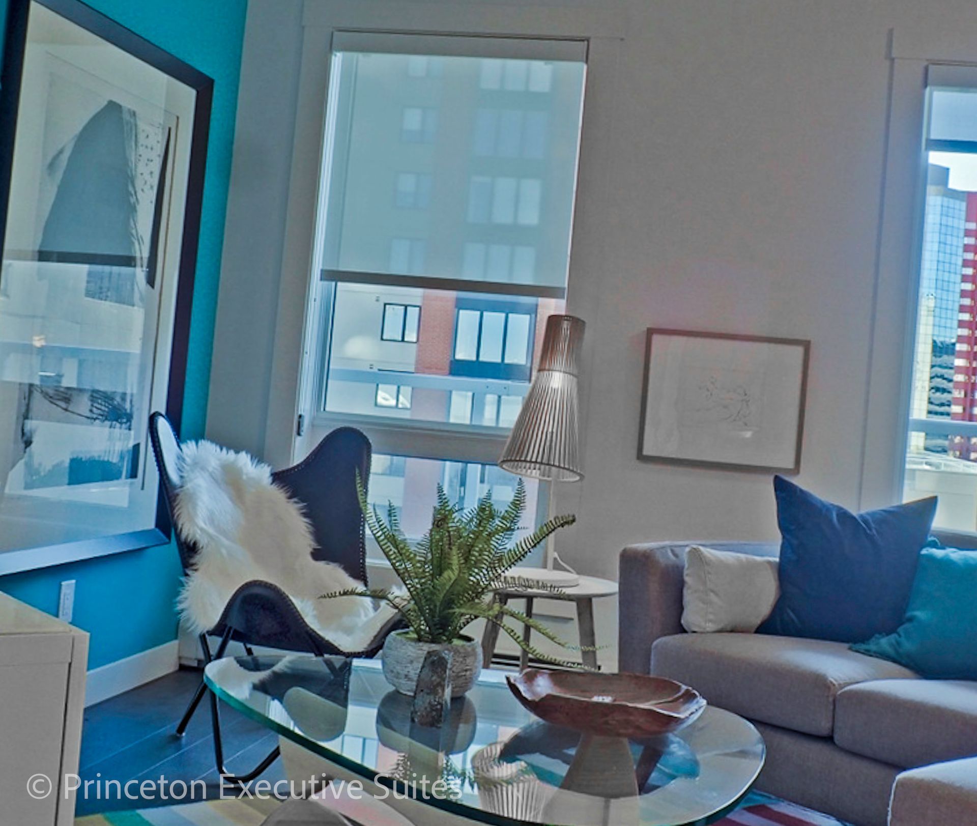 Living room with butterfly chair, sofa, coffee table, and framed art. Bright, modern decor.