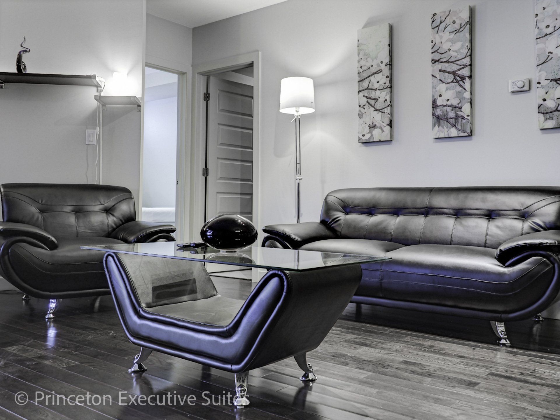 Black leather living room with  dark hardwood flooring stainless steel kitchen in back ground furnished suite in Edmonton