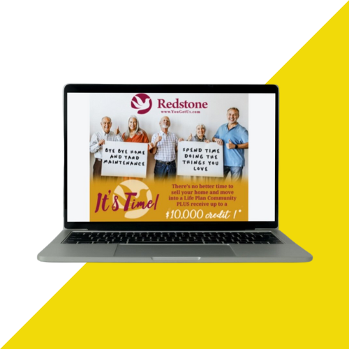 A laptop with an advertisement for redstone on the screen