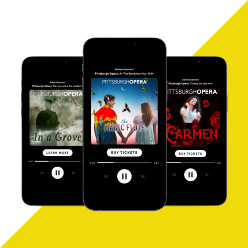 Three phones on Spotify are sitting next to each other on a yellow background.