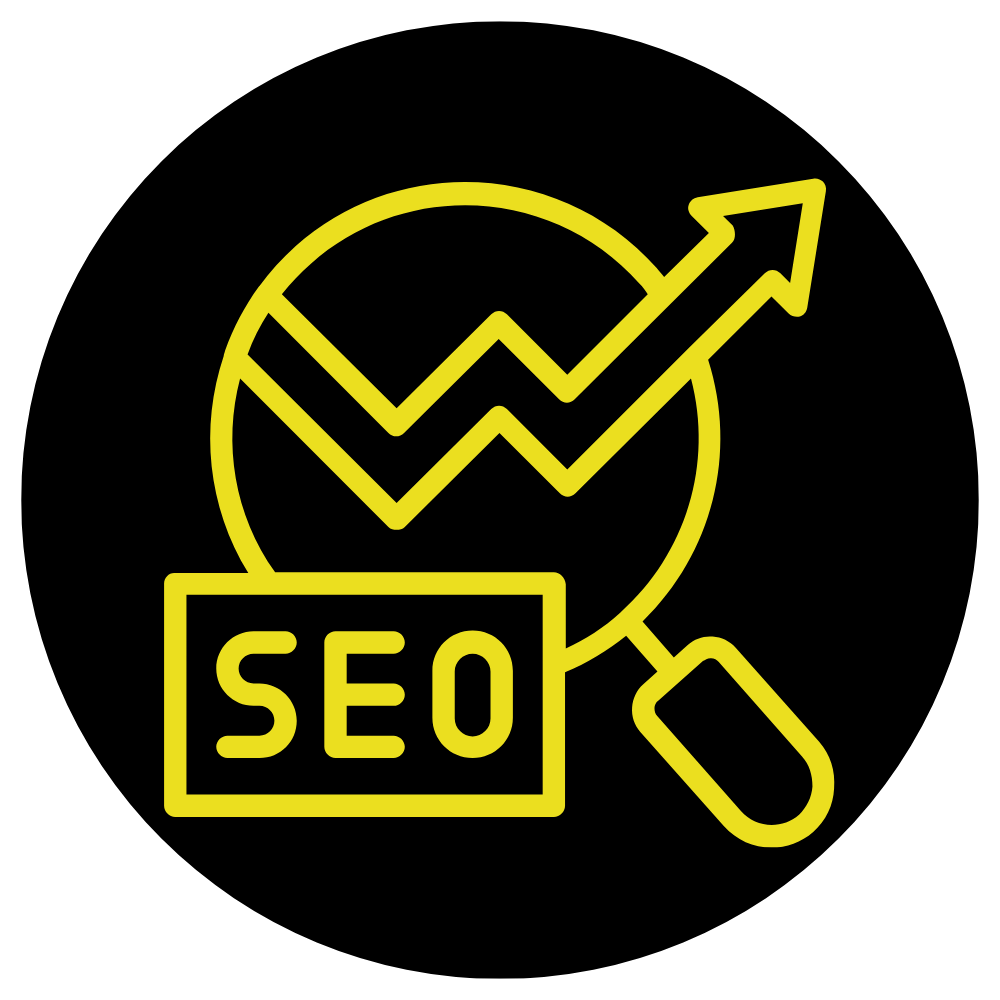 A yellow seo icon with a magnifying glass and an arrow.