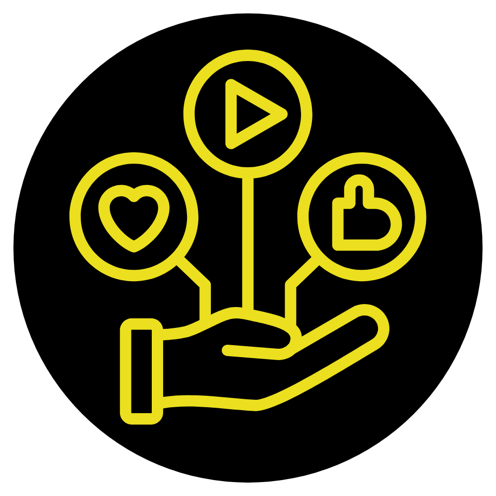A hand holding three icons in a circle.
