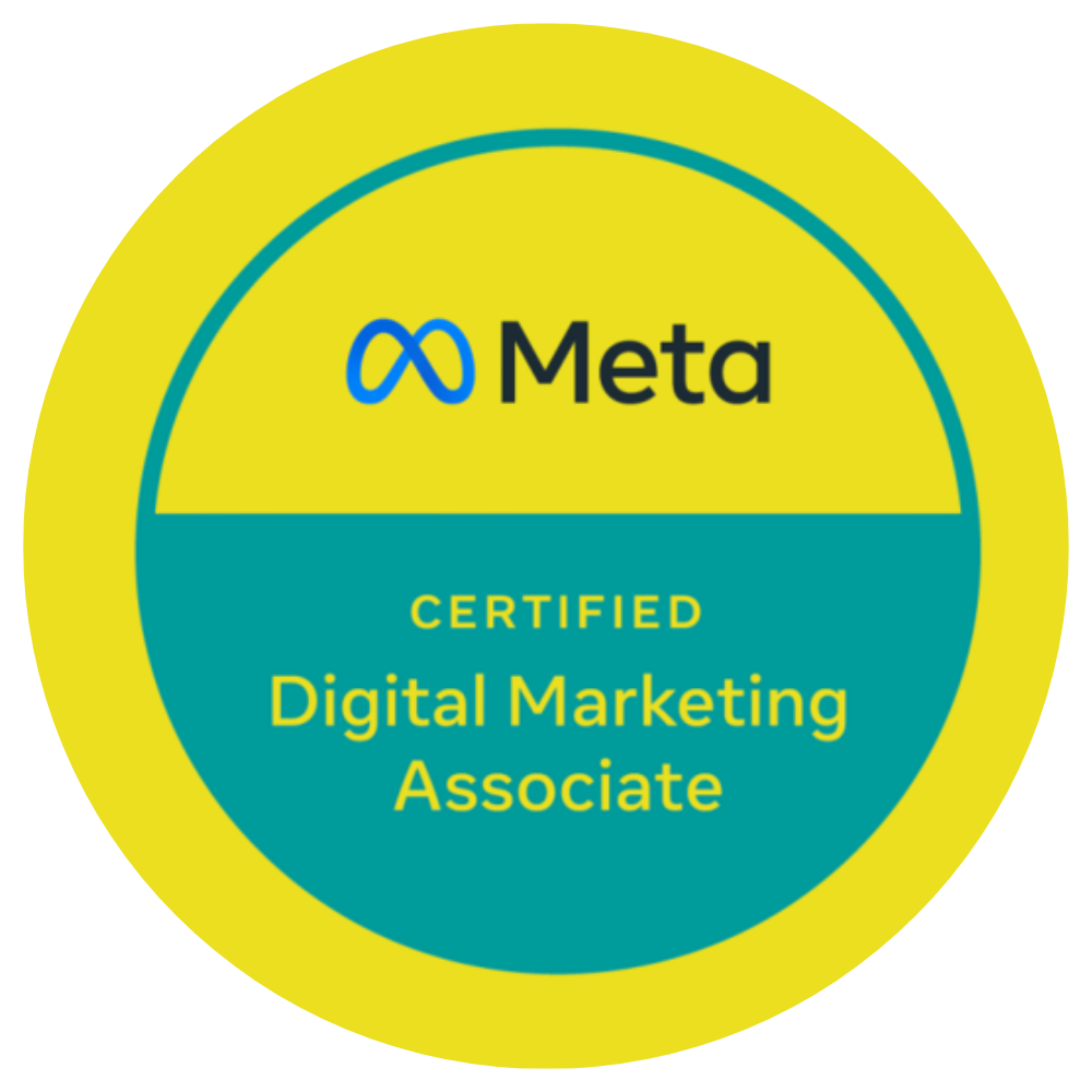 A yellow and blue circle that says meta certified digital marketing associate