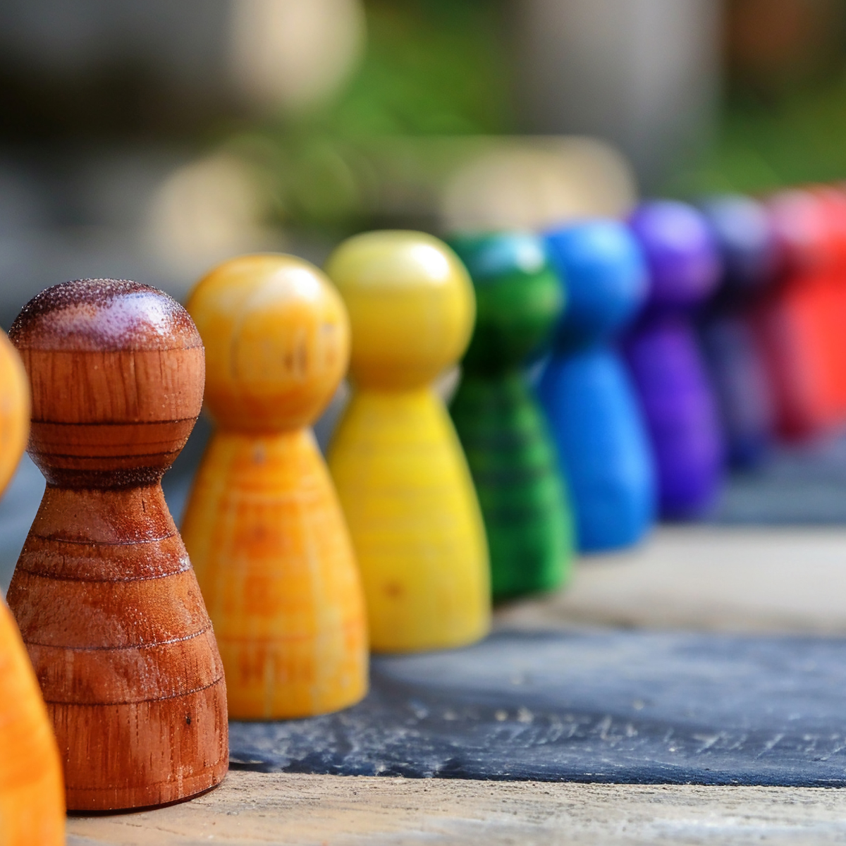 A row of colorful wooden peg dolls are lined up on a table.
