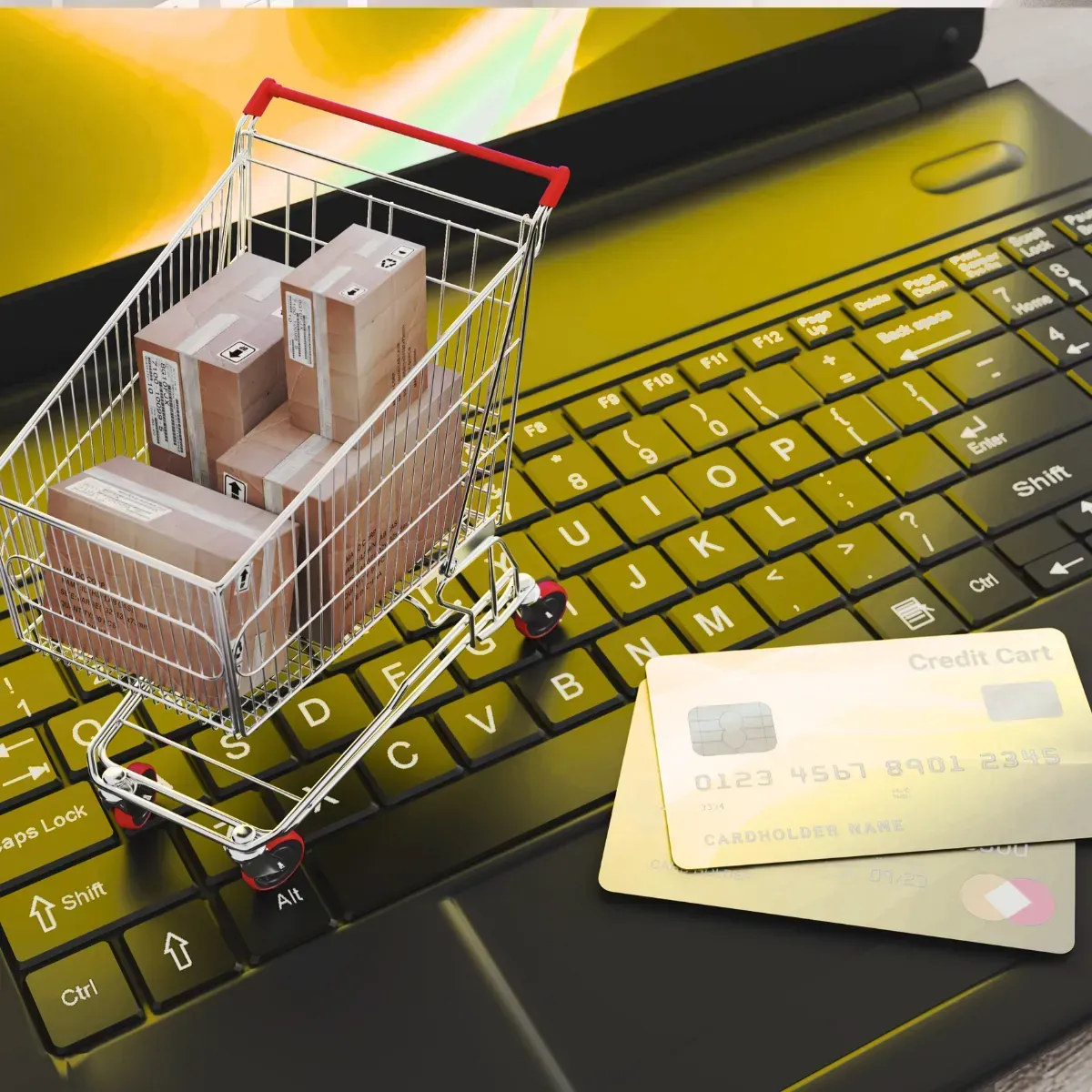 A shopping cart filled with boxes sits on top of a laptop keyboard