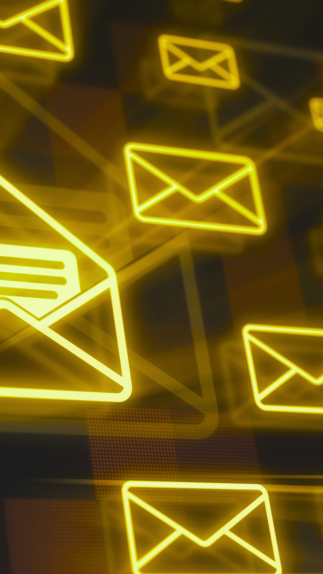 A bunch of yellow envelopes are floating in the air.