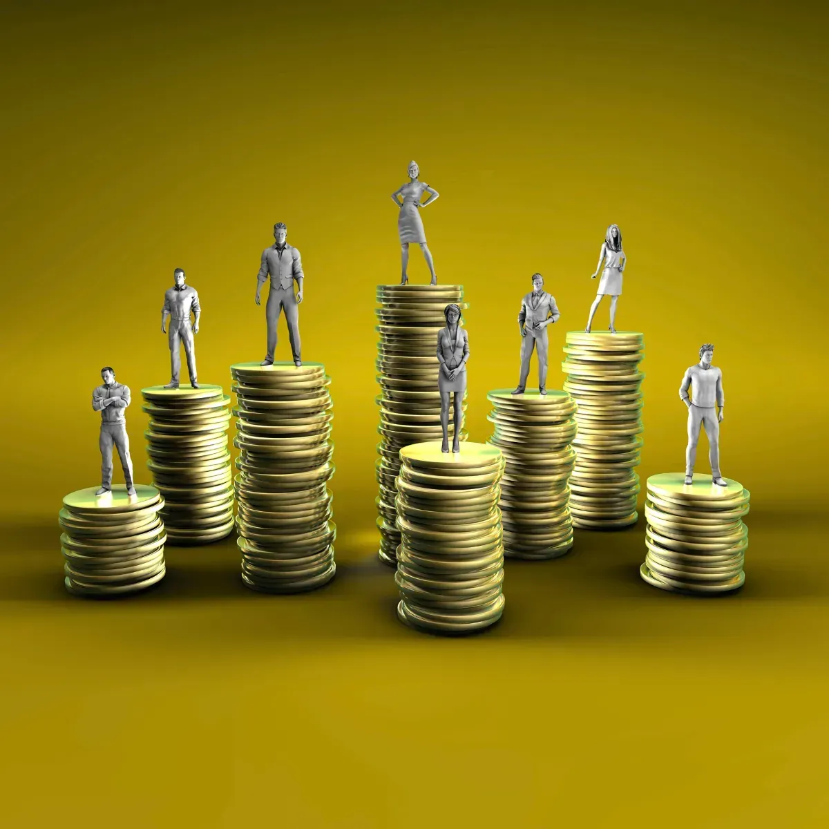 A group of people standing on top of stacks of gold coins.