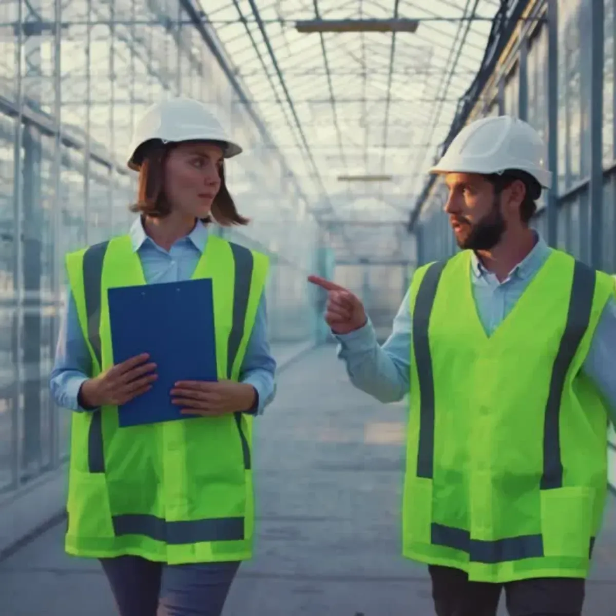 A man and a woman wearing safety vests and hard hats are walking down a hallway.