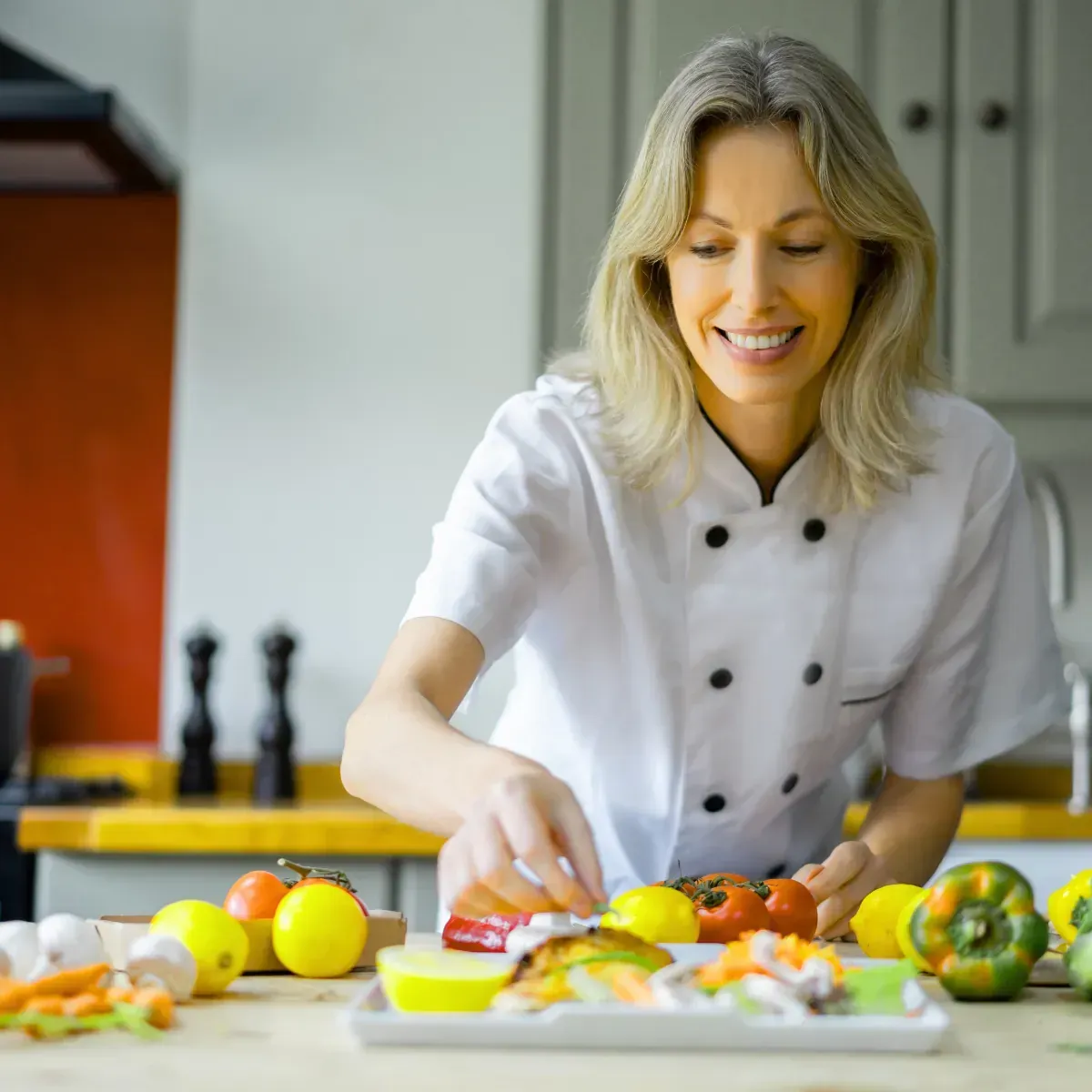 A woman in a chef 's uniform is preparing food in a kitchen.
