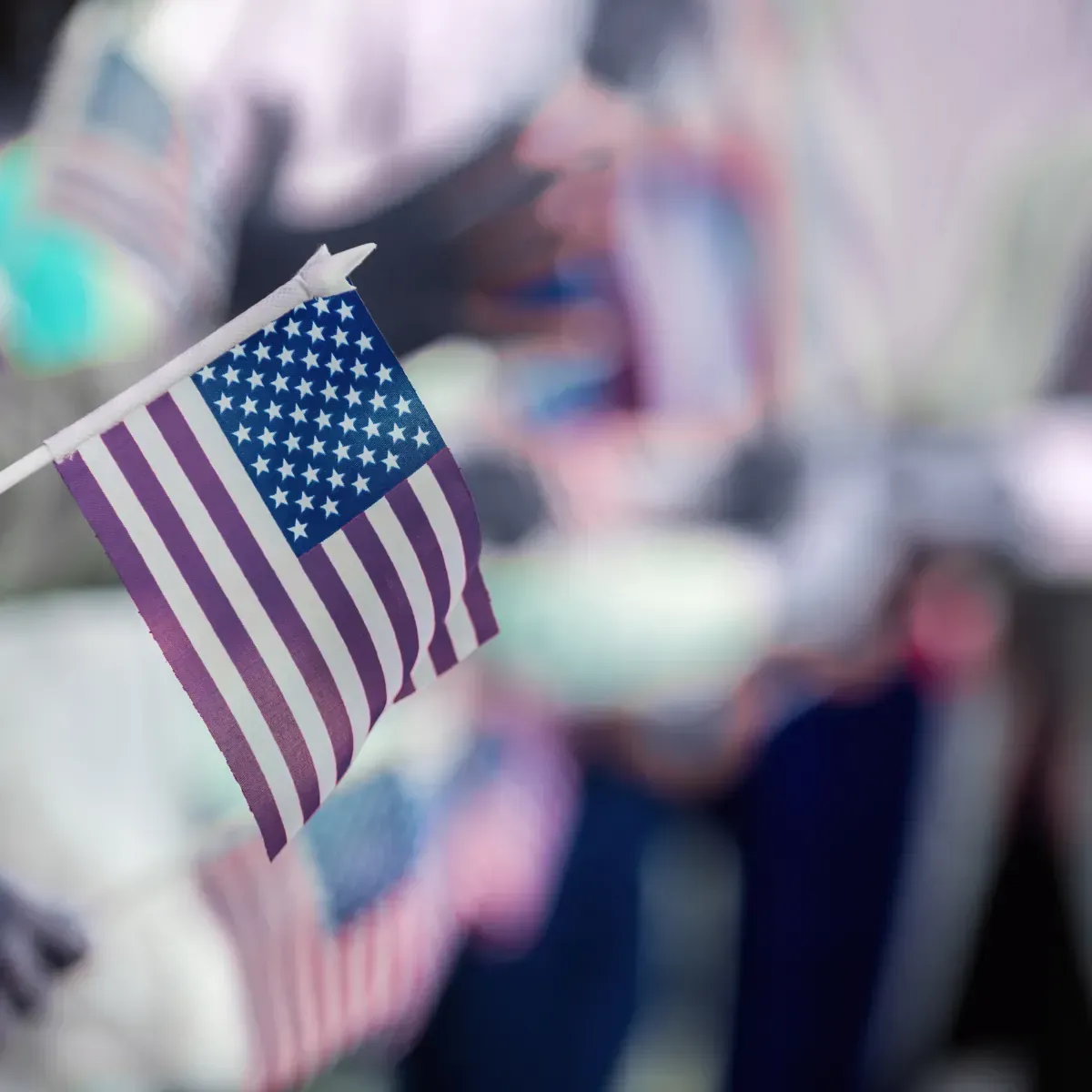 A person is holding a small american flag in their hand