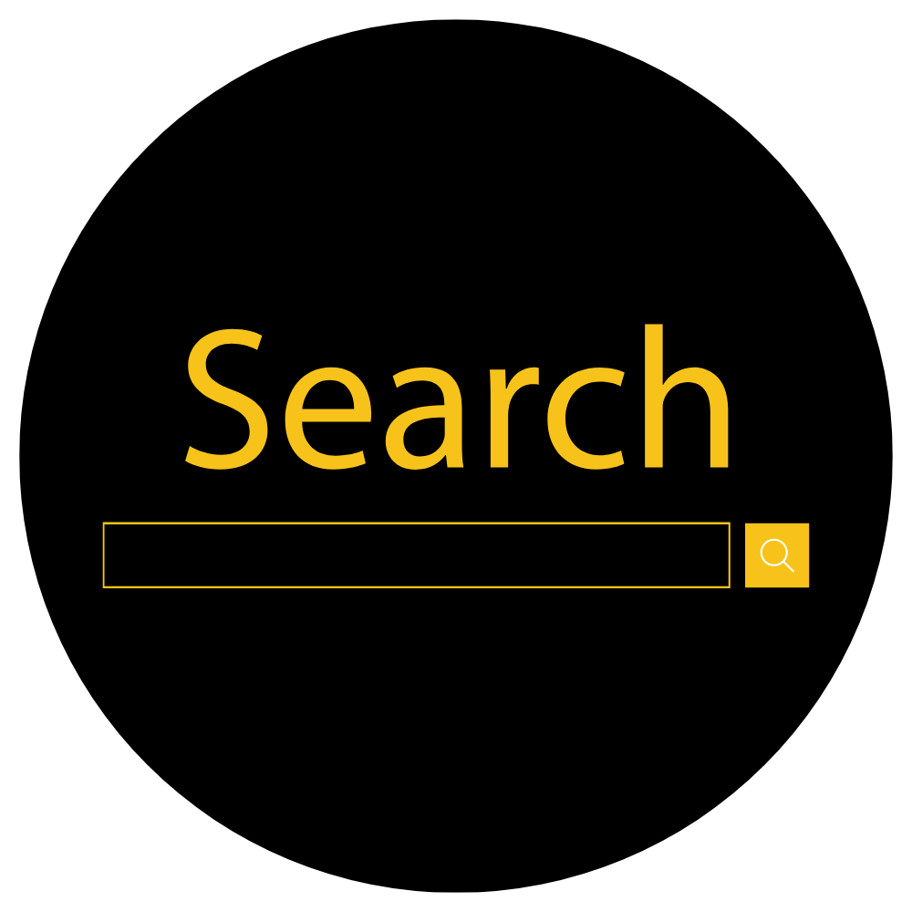 A black circle with the word search on it.