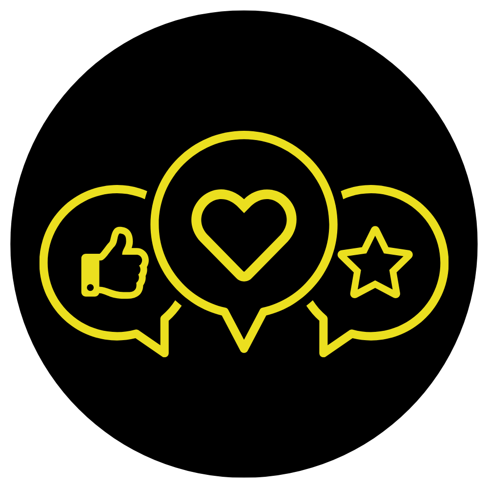 A circle with a heart , thumbs up , and star in it.