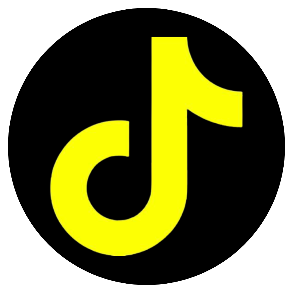 A yellow t in a black circle on a white background.