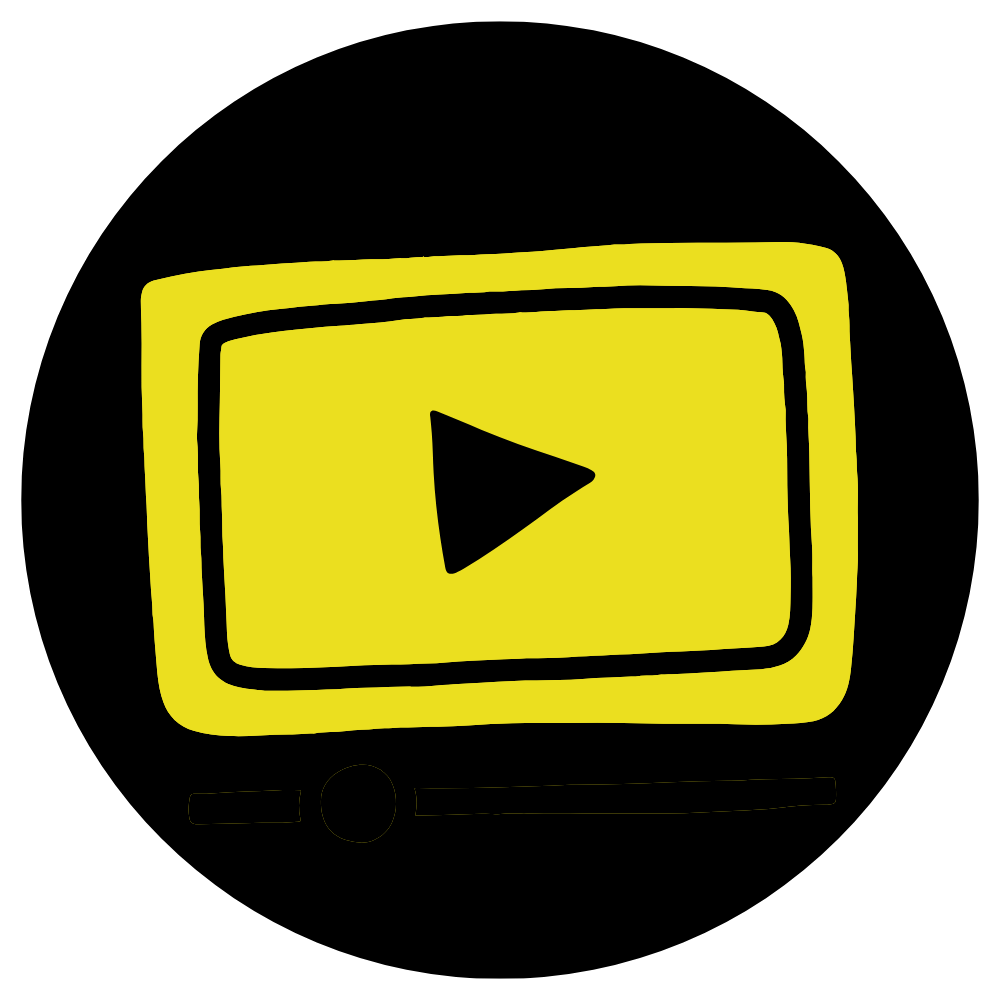 A yellow play button in a black circle on a white background.