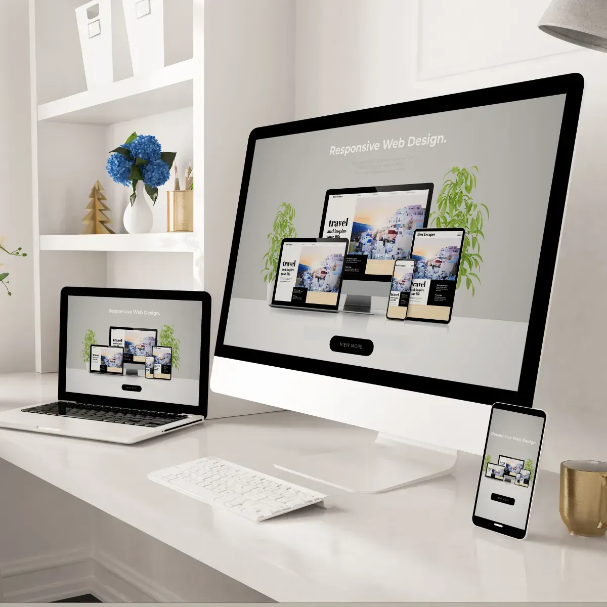 A computer , laptop , and cell phone are on a desk.