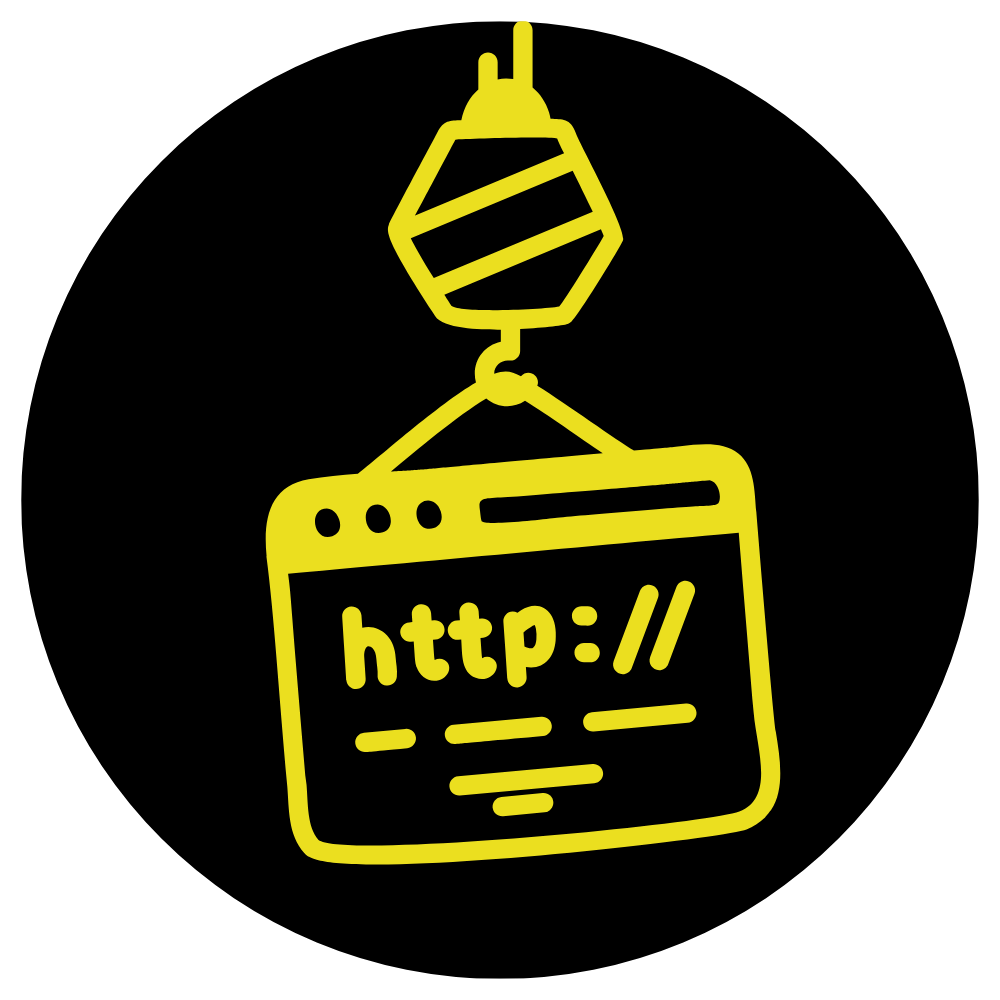 A yellow icon of a crane lifting a http:// sign.