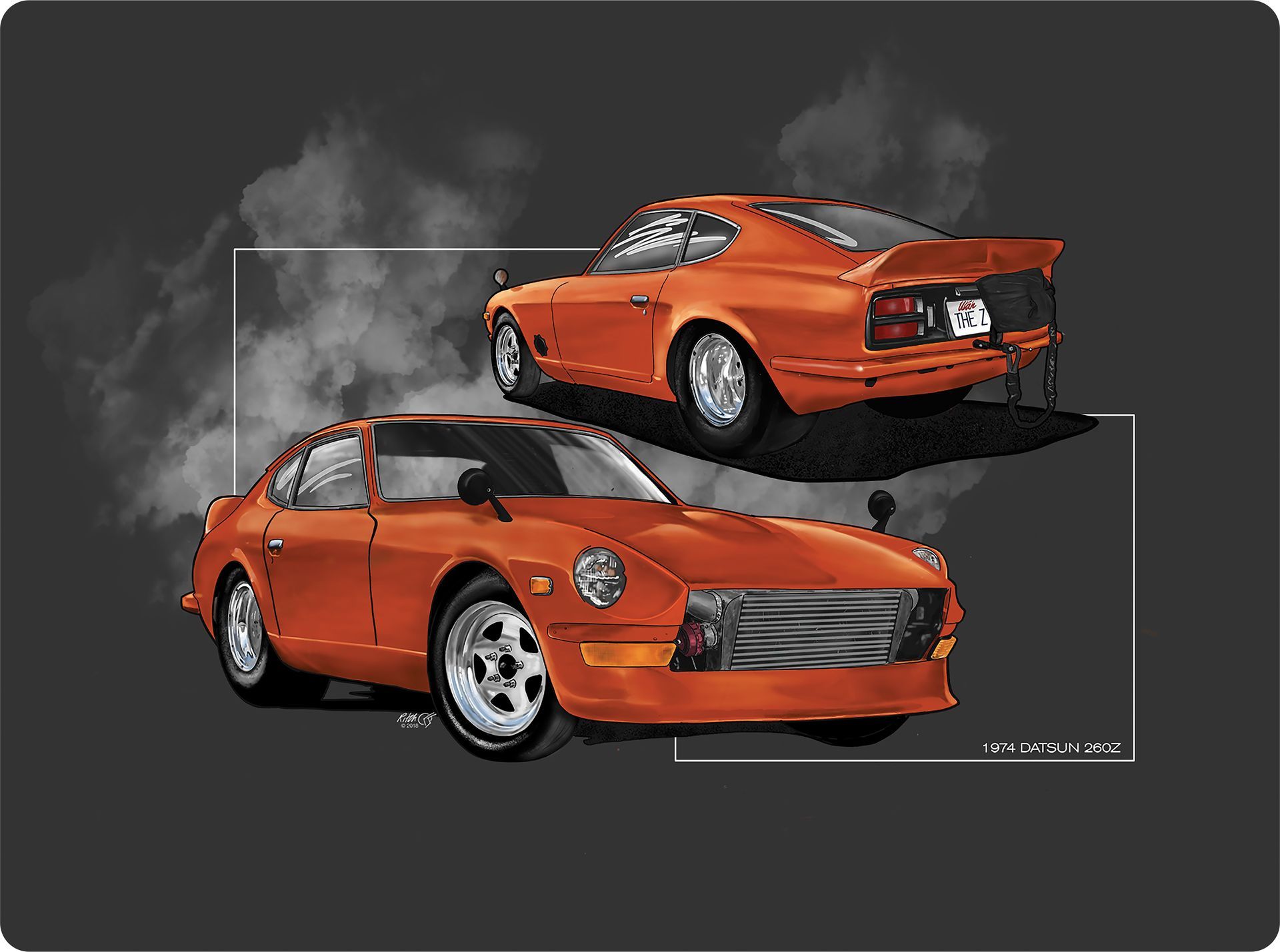 Two orange classic sports cars on a dark background, one side view and one rear three-quarter view. Two orange classic sports cars on a dark background, one side view and one rear three-quarter view.
