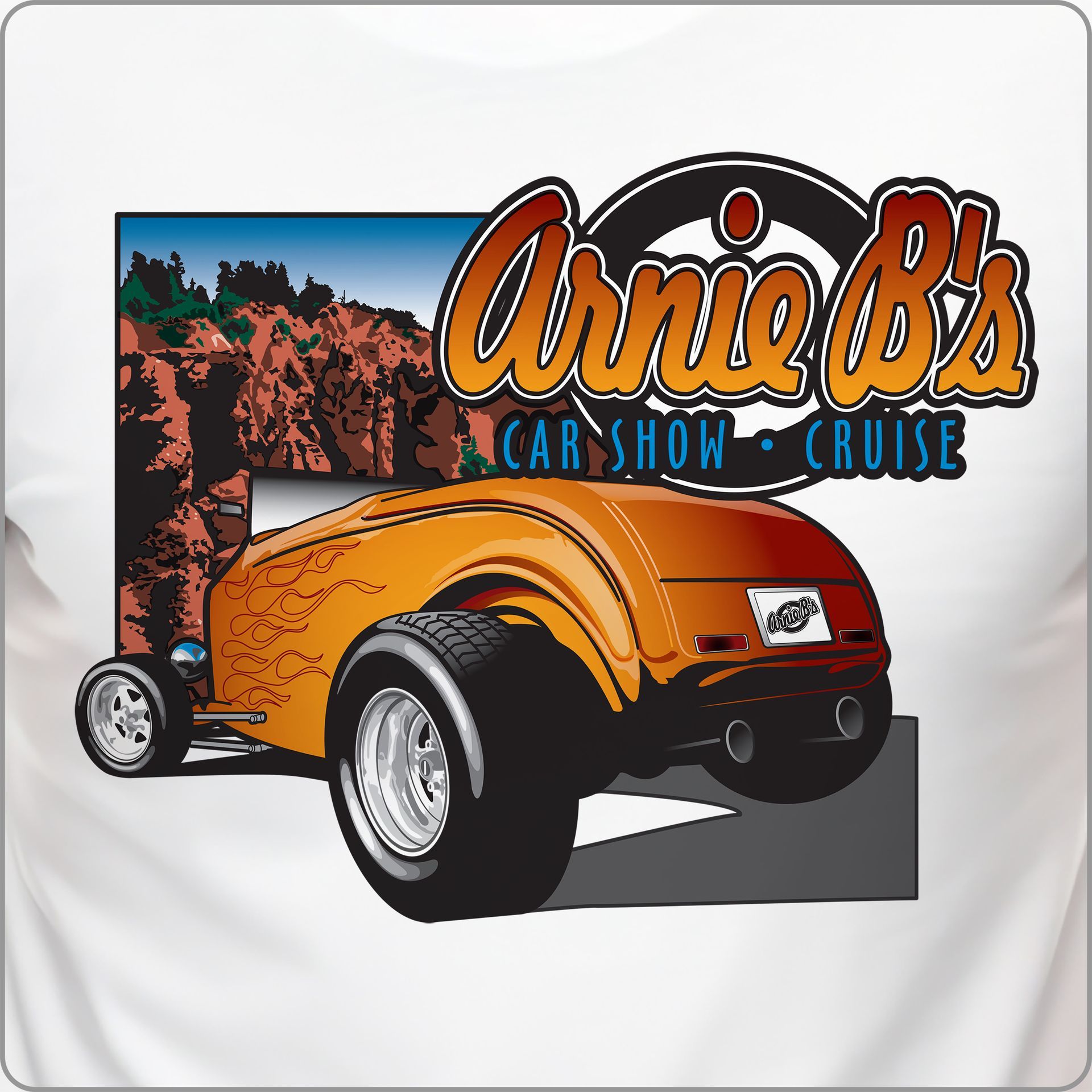 Orange custom hot rod with Arnie B’s Car Show Cruise logo on a gray background Orange custom hot rod with Arnie B’s Car Show Cruise logo on a gray background