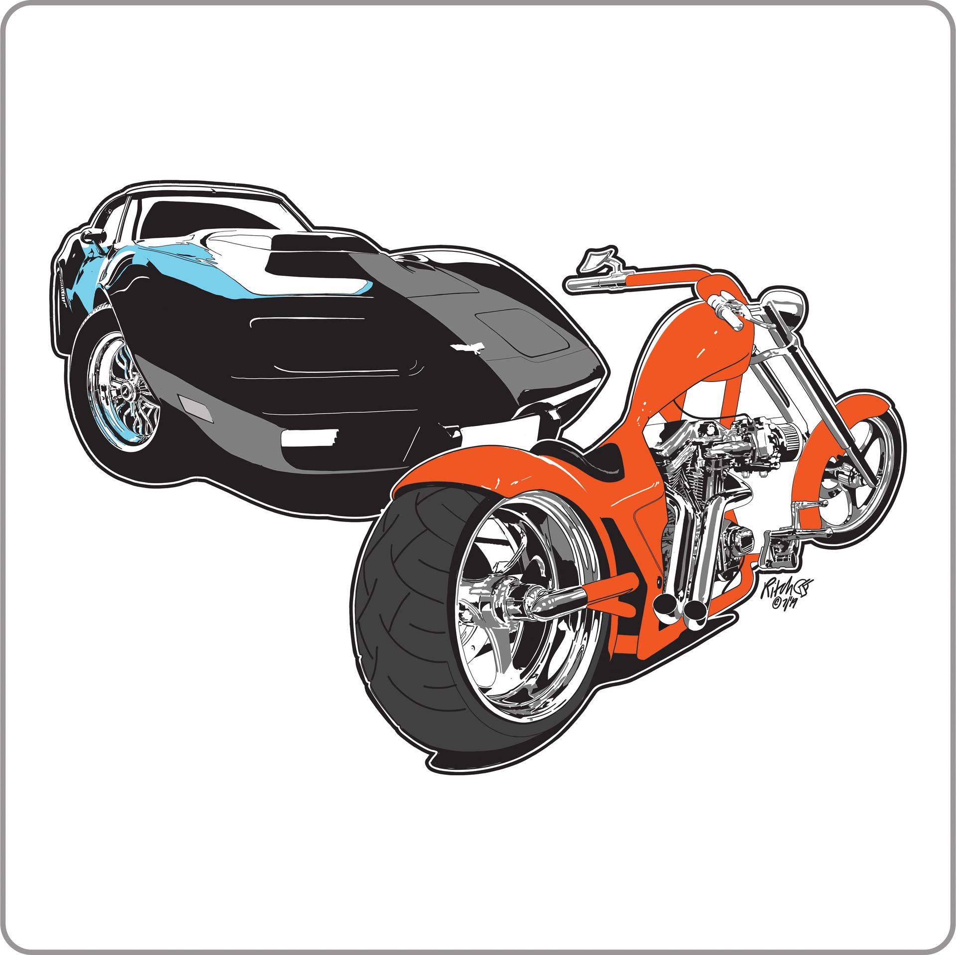 Orange motorcycle parked in front of a black-and-blue sports car on a white background Orange motorcycle parked in front of a black-and-blue sports car on a white background