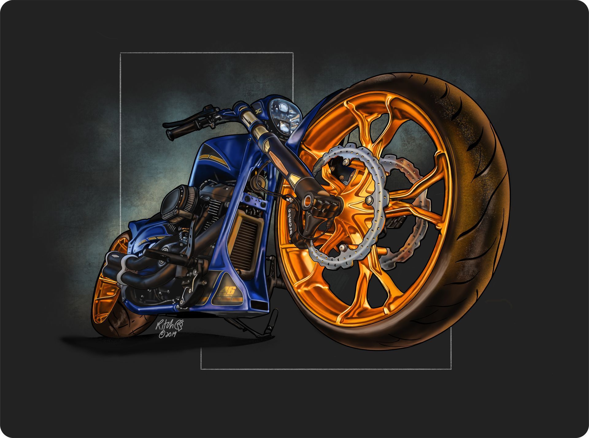 Blue and orange custom motorcycle on a dark background, featuring a large front wheel Blue and orange custom motorcycle on a dark background, featuring a large front wheel