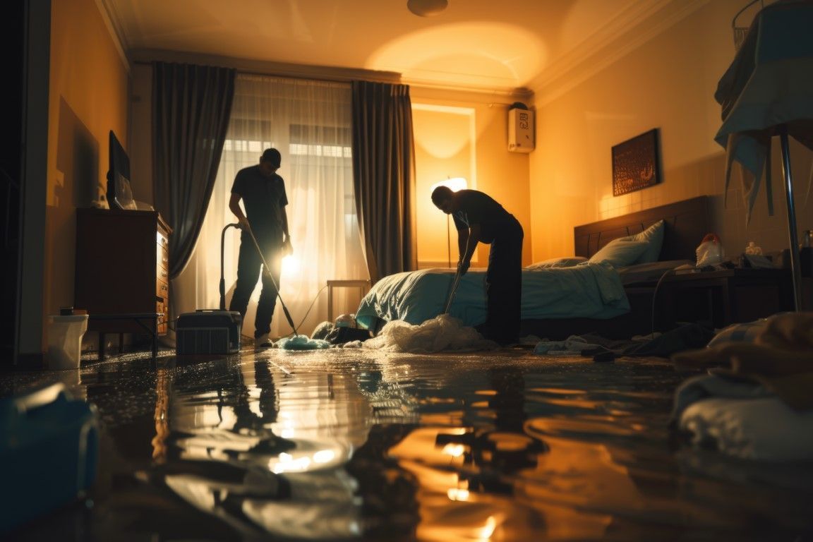Two people cleaning floodwater in a dim living room lit by warm lamp light.