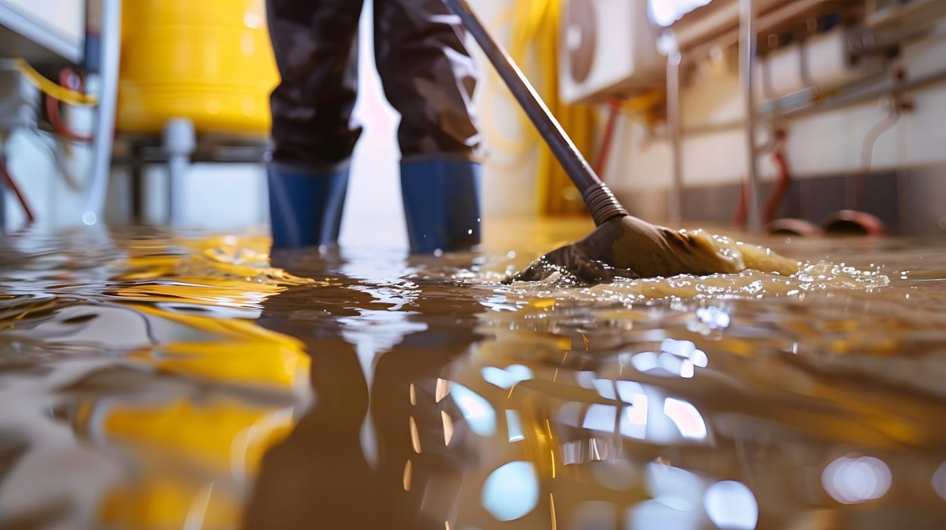 Person mopping a flooded floor indoors with a wet floor reflection