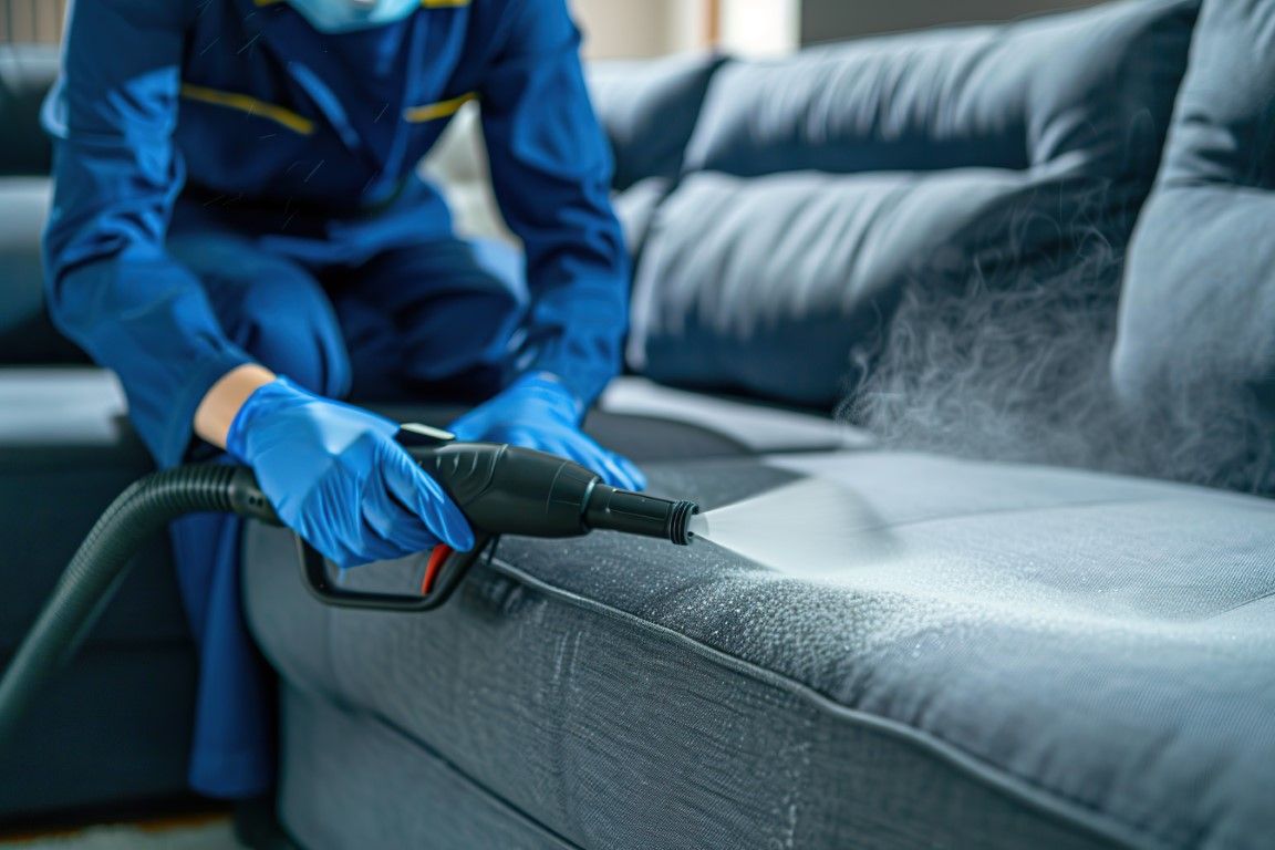 Worker steam-cleans a gray sofa with a handheld cleaner, wearing blue gloves.