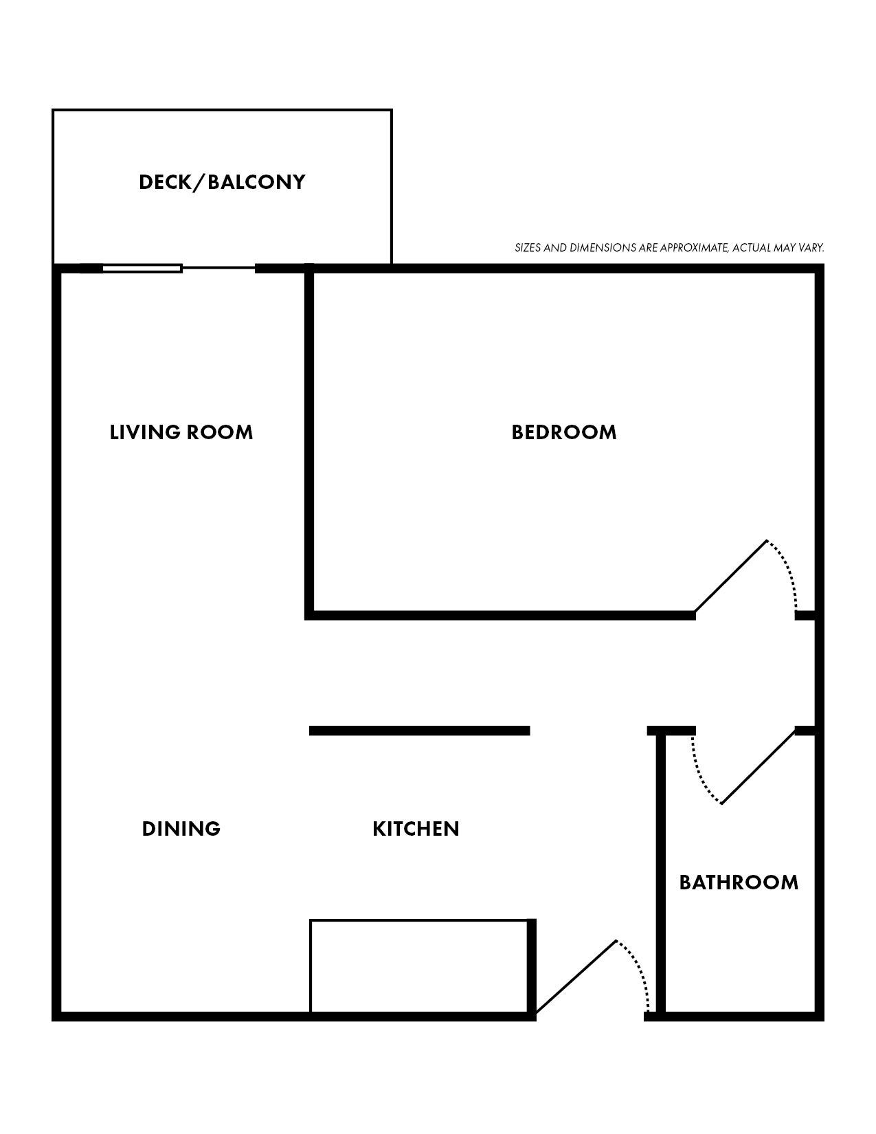 A black and white floor plan of a small apartment with a balcony.