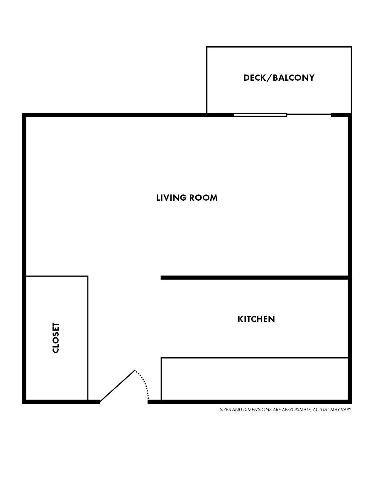 A black and white floor plan of a small apartment with a balcony.