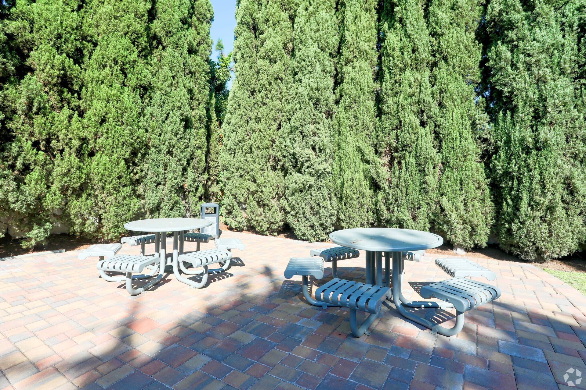 A group of picnic tables are sitting on a brick patio in front of trees.